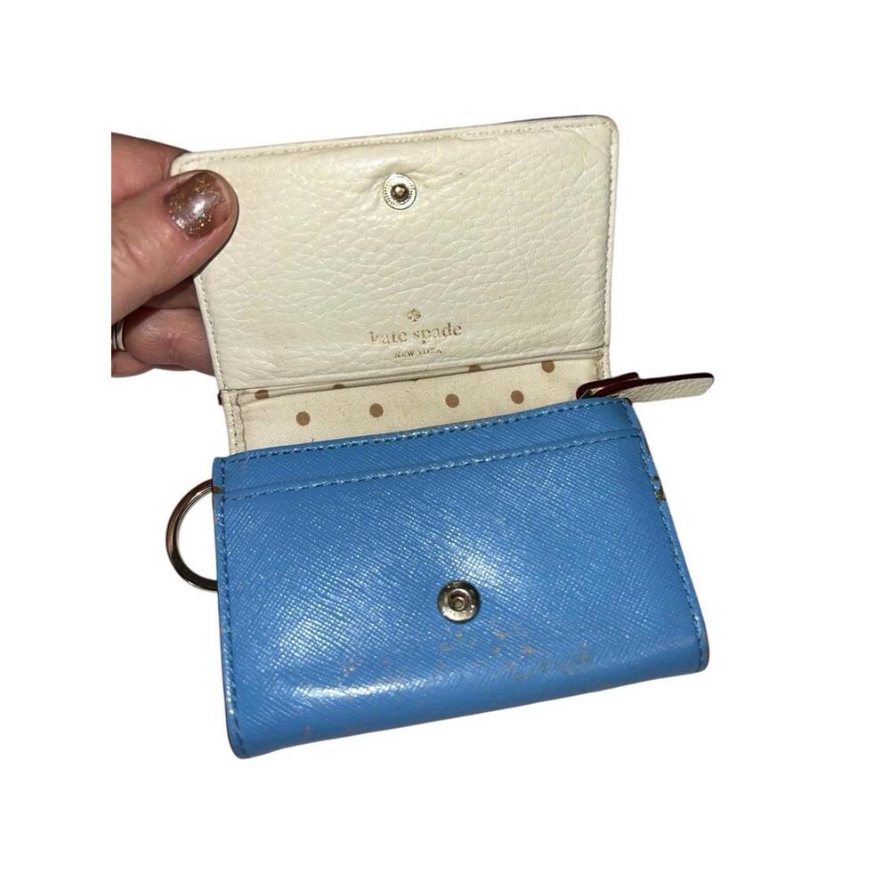 SOLD Kate Spade Blue Leather Keychain Wallet Polka Dot Interior Women's One Size - Picture 7 of 10